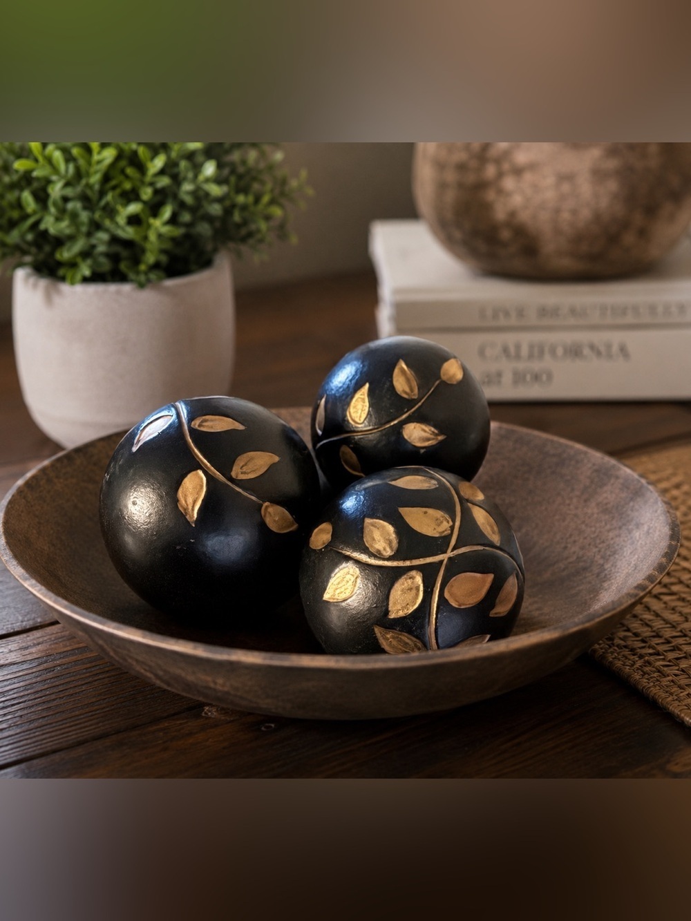 Pier 1 Earthy Black & Tan Decorative Orbs Set (3) | 3” Spheres | Modern Wood